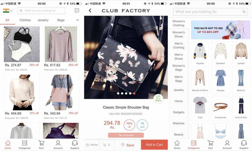 Screenshot from Club Factory App.