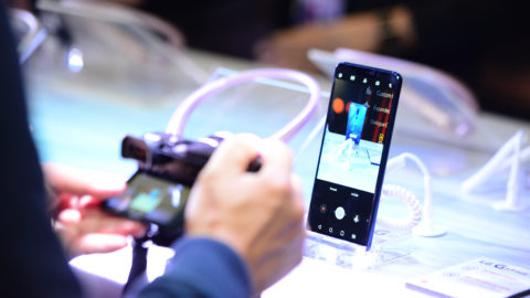 The LG G7+ ThinQ with the camera open.
