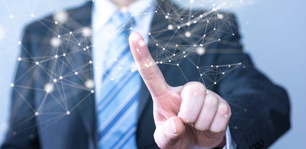 businessman touching virtual screen with cyber icon