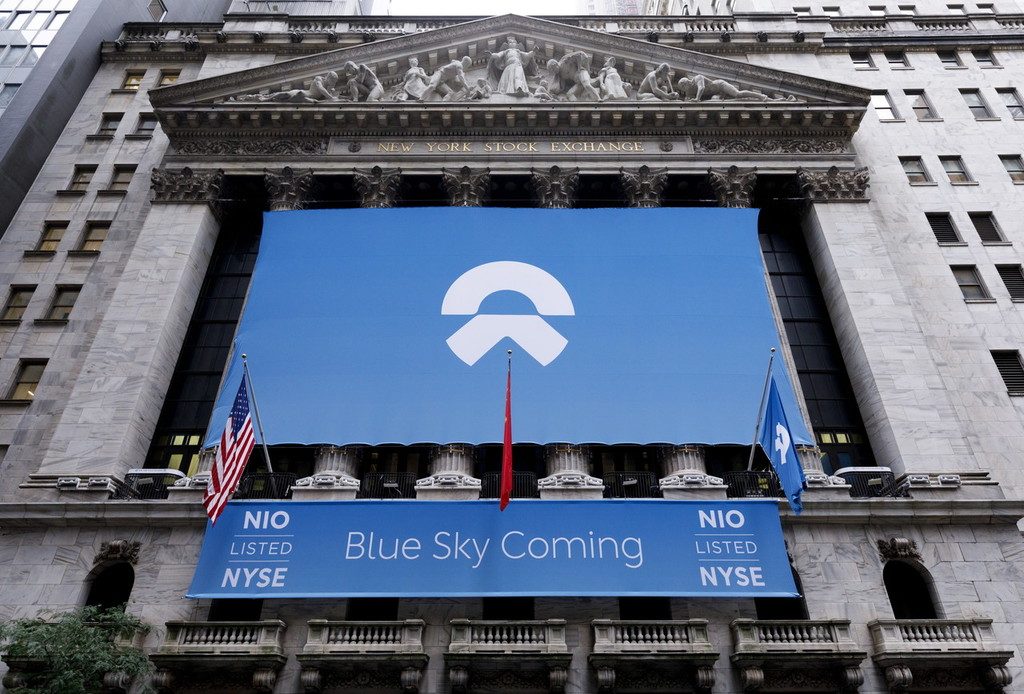 A view of the front of the New York Stock Exchange leading up to the initial public offering of NIO Inc., a Chinese electric-vehicle company, New York, New York, USA, on 12 September 2018. The company, which has been compared to Tesla, is expected to raise around 1 billion USD / 860 million Euros.  EPA/JUSTIN LANE