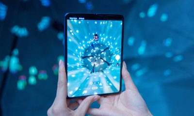 16 April 2019, Great Britain, London: A production model of the Samsung Galaxy Fold Tablet smartphone, recorded during a presentation. The Android device for around 2000 euros is to be launched on the European market on 3 May 2019. (to dpa "Samsung shows serial version of his fold-out smartphone Fold") Photo: Simon Nagel/dpa