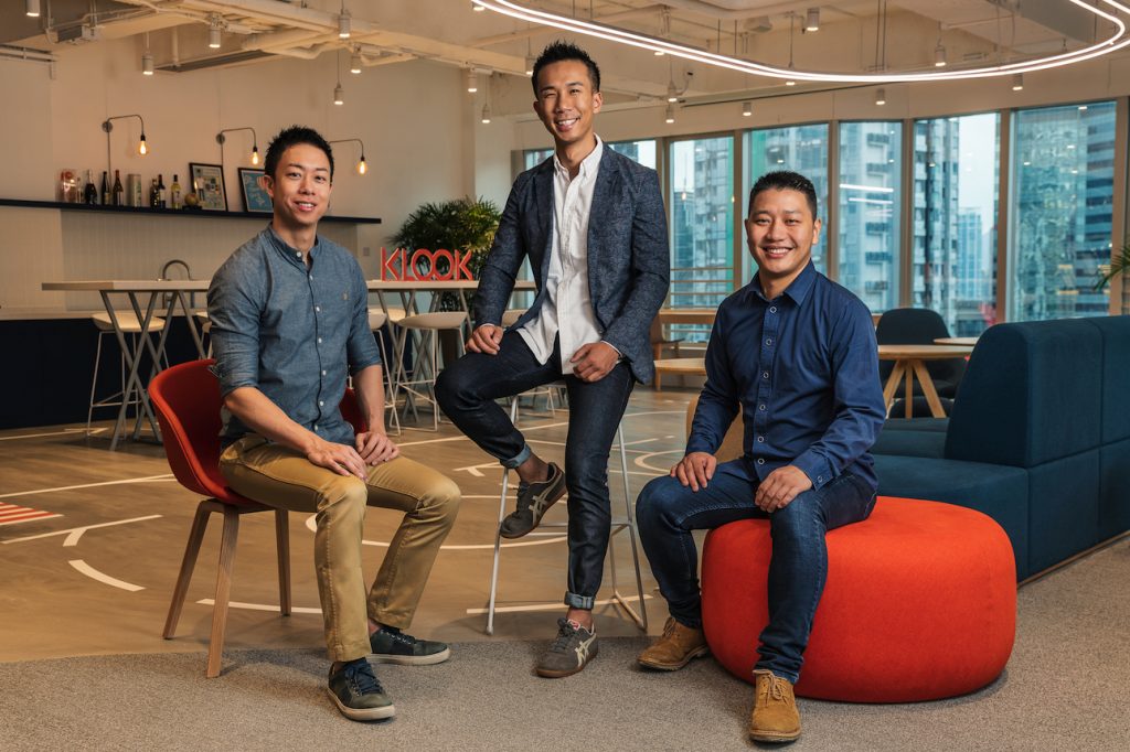 Photo of Klook’s co-founders. From left to right: Eric Gnock Fah (COO), Ethan Lin (CEO), and Bernie Xiong (CTO).