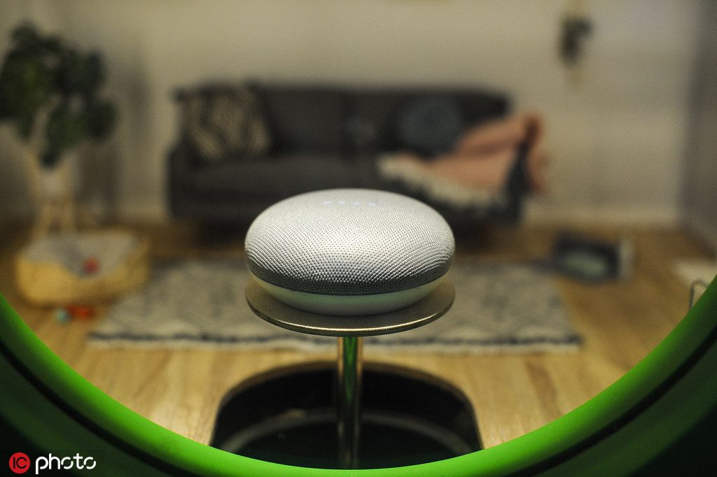 February 27, 2019 - Barcelona, Spain - Google Home mini assistant, exhibited during the Mobile World Congress, on February 27, 2019 in Barcelona, Spain