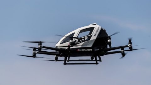 epa07484361 An Ehang 216, a two-seater autonomous passenger aerial vehicle drone-taxi of Chinese drone maker Beijing Yi-Hang Creation Science &amp; Technology Co. (Ehang), flies during a test flight at a press preview event of Austrian-Chinese aerostructure manufacturer FACC AG on 'Urban Air Mobility' at the Generali Arena soccer stadium in Vienna, Austria, 04 April 2019. The world's first personal Autonomous Aerial Vehicle (AAV) drone-cab can hold two persons weighing up to 260 kilograms and can reach up to 130 kilometer per hour at the maximum flight range of 35 kilometers and a minimum of 30 minutes flight duration.  EPA/Christian Bruna
