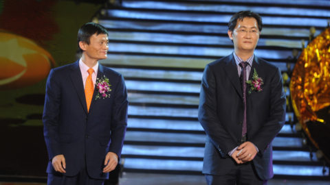 Pony Ma, founder of Tencent, (right) next to Jack Ma, founder of Alibaba. Pony Ma did not attend this year’s event due to health reasons. [Photo: Tuchong] Photo: Tuchong