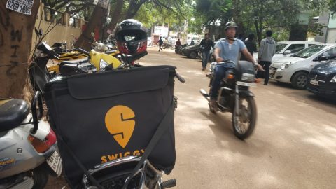 A Swiggy delivery person's two-wheeler parked in Bengaluru. Photo by Avanish Tiwary