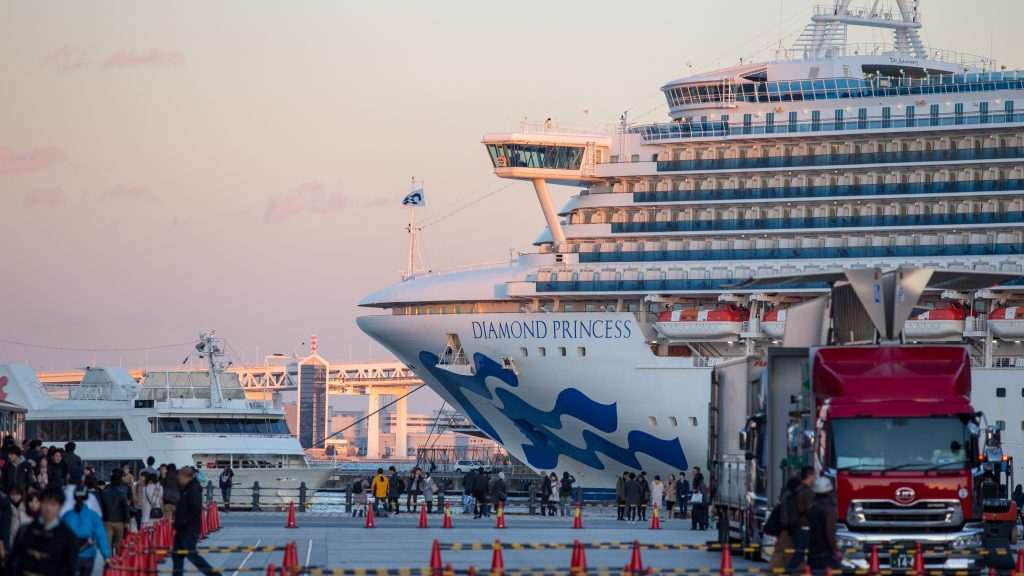 Cruise ship Diamond Princess at the Osanbashi Pier in port of Yokohama bay, Japan. Source: Shutterstock.