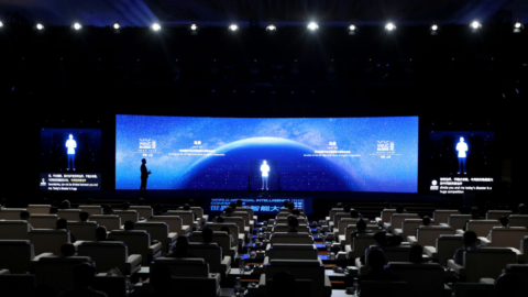 Jack Ma appears on stage as a hologram at the World Artificial Intelligence Conference (WAIC) in Shanghai on July 9. Courtesy of WAIC via South China Morning Post.