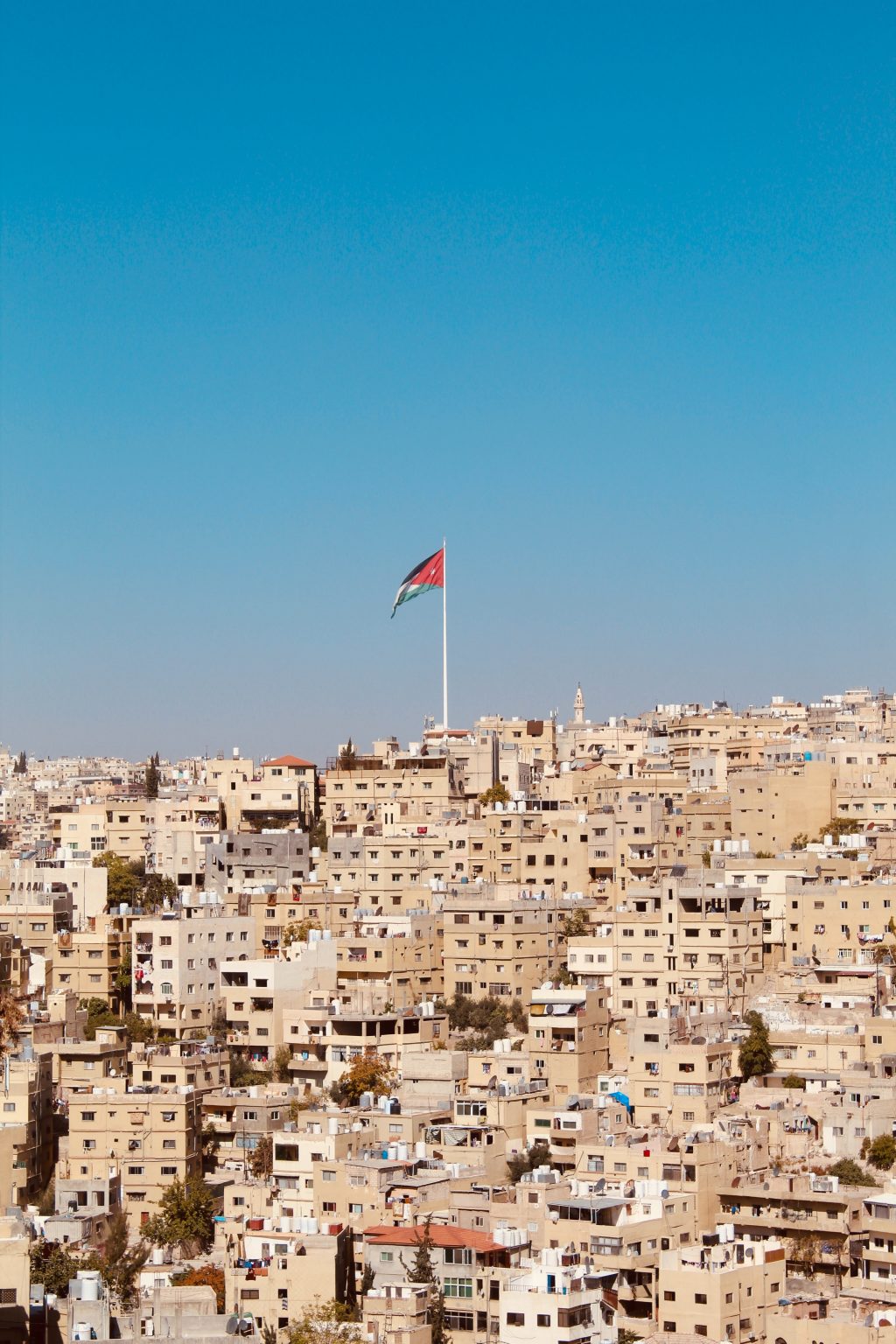 A Jordanian flag flutters above the cityscape. Photo by Who’s Denilo? on Unsplash.