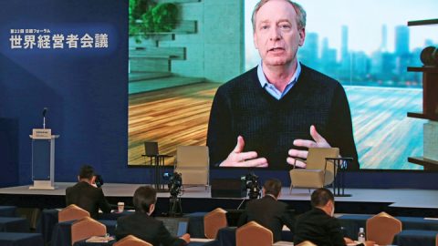 Microsoft President Brad Smith, speaking to the Nikkei Global Management Forum in Tokyo on Nov. 11. (Photo by Yo Inoue/Nikkei)