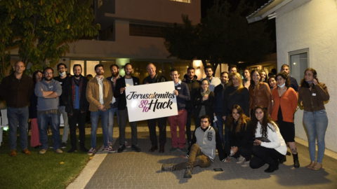 Participants of the Jewish-Arab Hackathon gather at Margalit Startup City headquarters in Jerusalem. Courtesy of Jewish-Arab Hackathon.