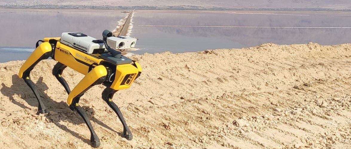 Percepto's Sparrow drone flies above Boston Dynamics' Spot robot. Courtesy of Percepto and Boston Dynamics via NoCamels.