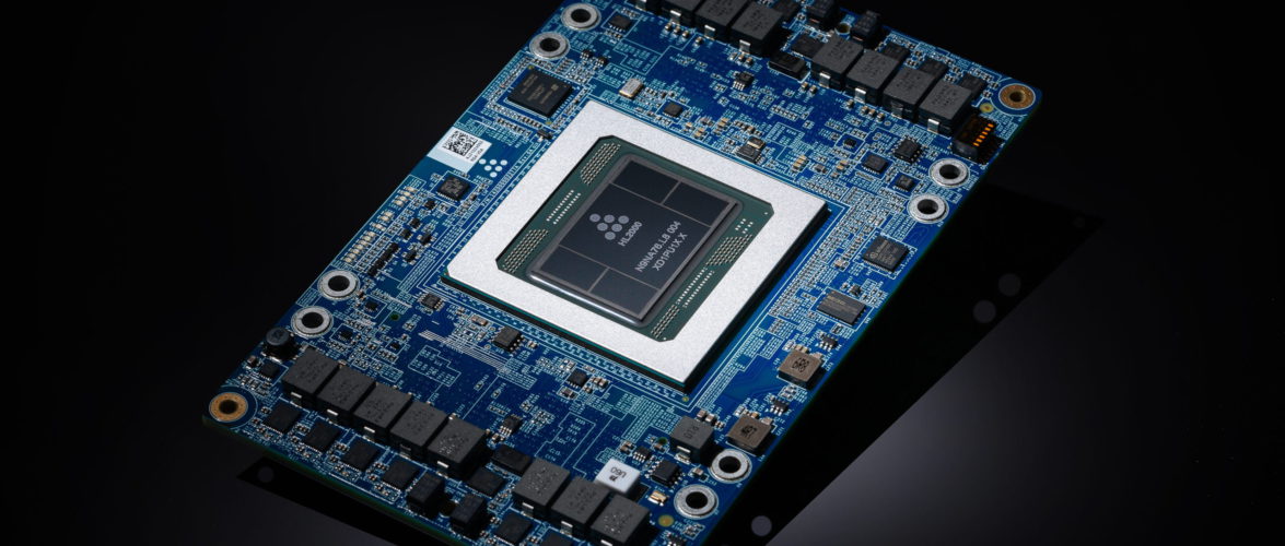 A photo shows Habana Labs' HL-205 Gaudi Mezzanine Card. Gaudi-based EC2 instances deliver cost efficiency and high performance, while natively supporting common frameworks such as TensorFlow and PyTorch. Courtesy of Habana Labs via NoCamels.