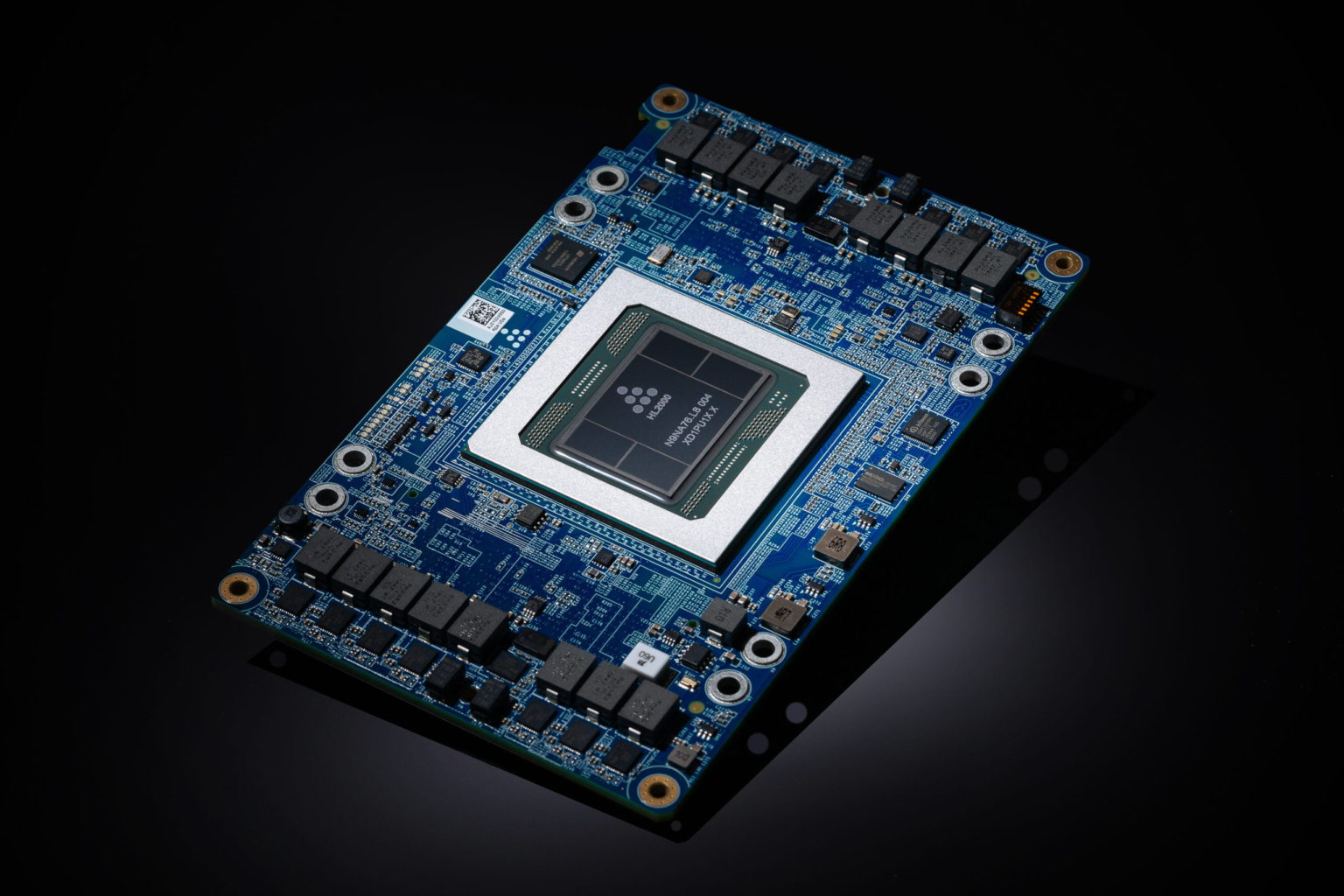 A photo shows Habana Labs' HL-205 Gaudi Mezzanine Card. Gaudi-based EC2 instances deliver cost efficiency and high performance, while natively supporting common frameworks such as TensorFlow and PyTorch. Courtesy of Habana Labs via NoCamels.