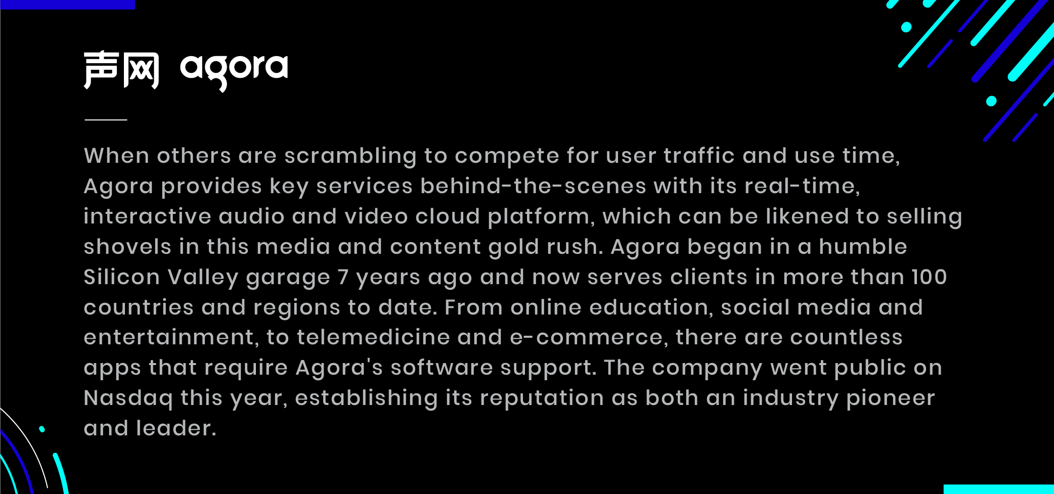 Agora real time audio and video cloud platform listed on Nasdaq in more than 100 countries and regions 