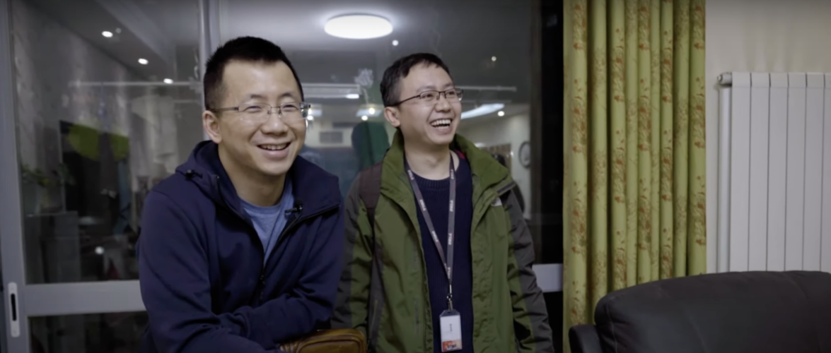 Zhang Yiming handed the CEO mantle to his college roommate and co-founder Liang Rubo (right) Source Screenshot from the ByteDance YouTube. 