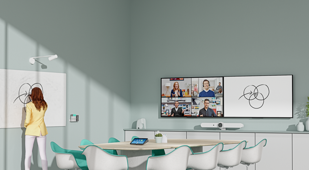 Capturing dry erase surfaces up to six by four feet, Logitech Scribe is a dedicated whiteboard camera that gives virtual meeting participants a clear, real-time view of the whiteboard. Photo courtesy to Logitech.