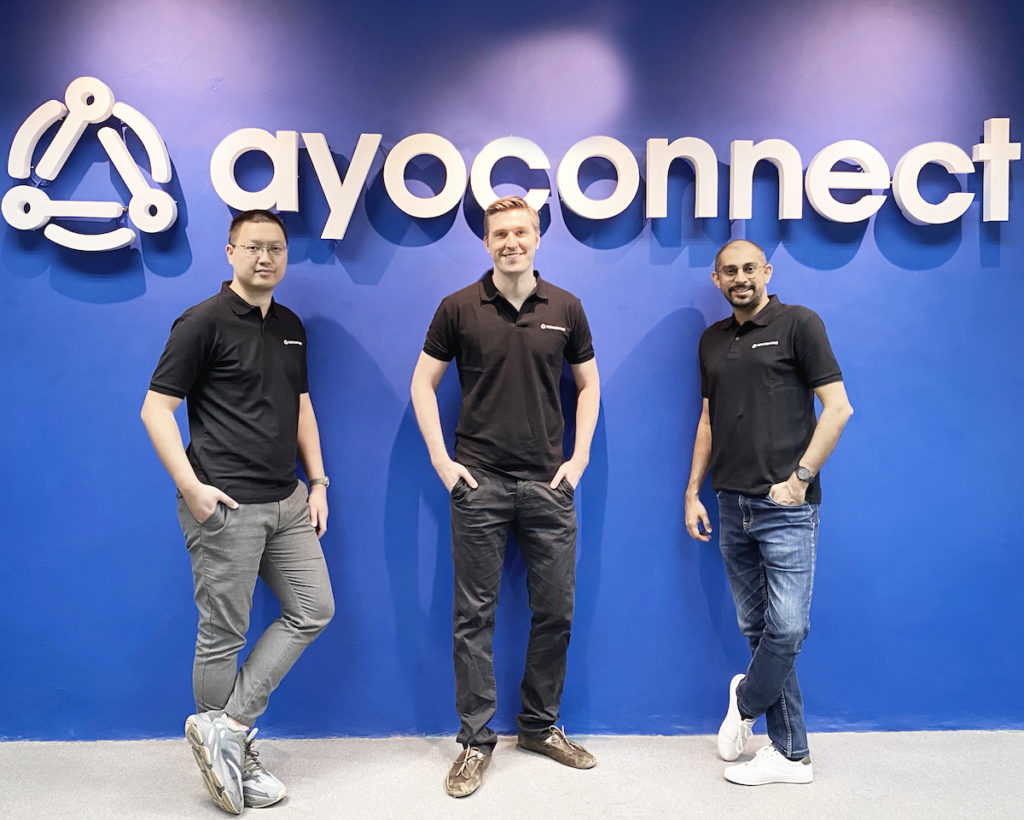 Photo of Ayoconnect’s co-founders. From left to right: Alex Jatra (CFO), Jakob Rost (CEO), and Chiragh Kirpalani (COO). Adi Vora, co-founder and CTO of Ayoconnect, is not in the photo.