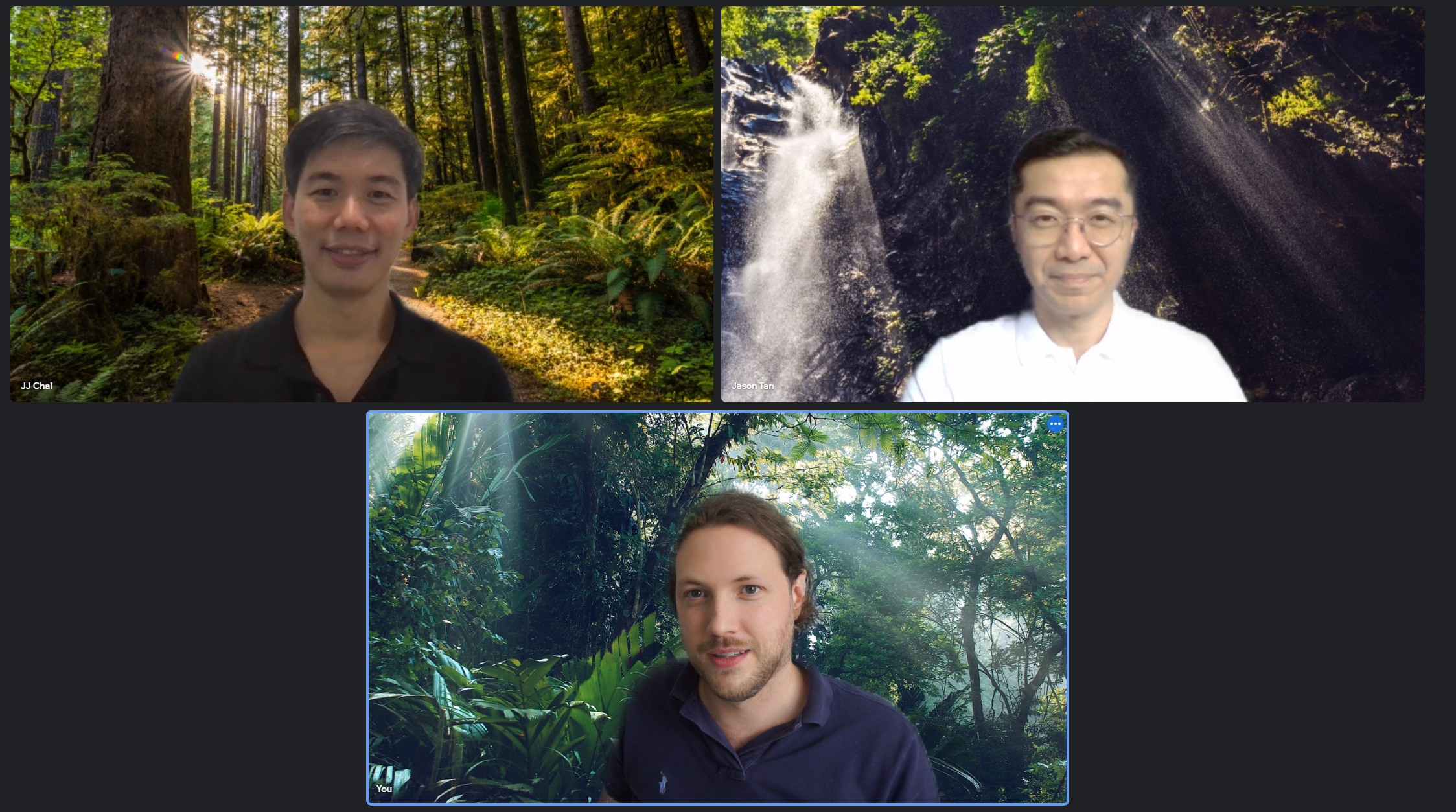 The founding team of Rainforest hasn’t been able to meet in the same office since day one. Clockwise from top left: JJ Chai, co-founder and CEO; Jason Tan, co-founder and CFO; and Per-Ola Röst, co-Founder and CTO. Photo courtesy of Rainforest.