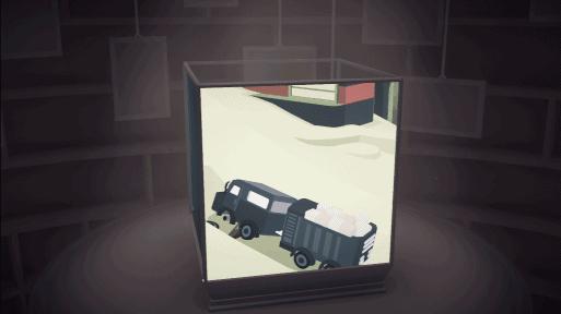 By connecting two halves of a truck across scenes, players solve the puzzle and move forward in the game. Gif courtesy of Optillusion.