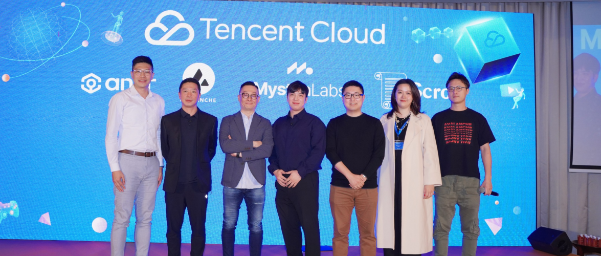 Left to Right: Fred Sun, Head of Strategy, Tencent Cloud International; Karl Xu, Vice President, Tencent Cloud; Poshu Yeung, Senior Vice President, Tencent Cloud International; Derik Han, Head of APAC Partnerships at Mysten Labs (Sui); Stanley Wu, CTO and Co-Founder of Ankr; Sandy Peng, co-founder of Scroll; Wilson Wu, Avalanche's Asia Growth lead