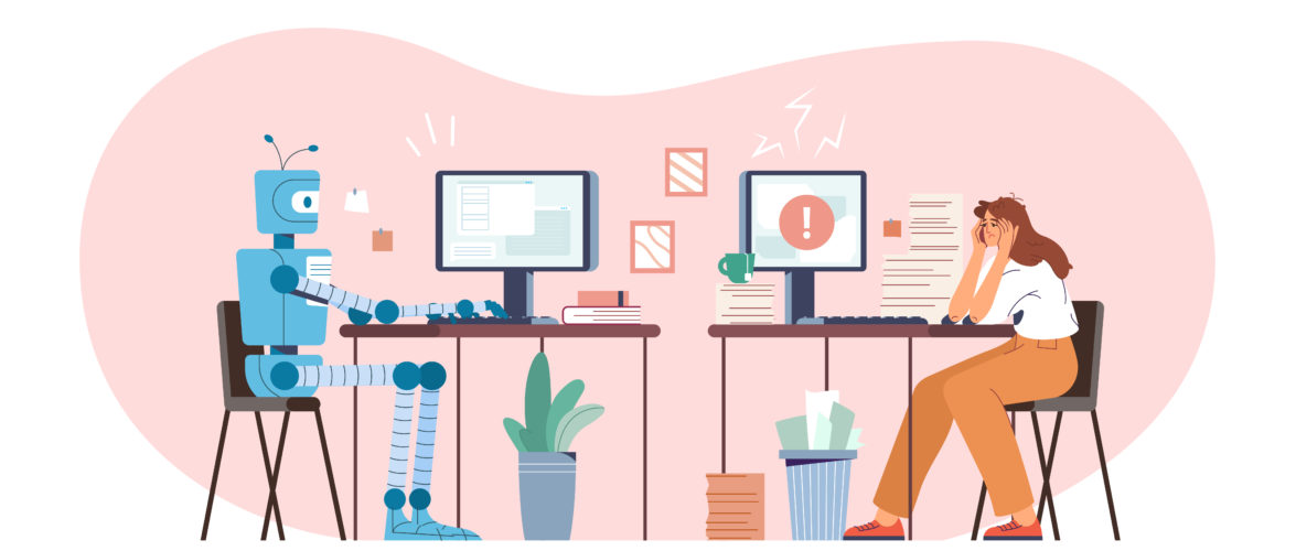 Robot vs human flat vector illustration. Robotic machine and tired woman working at computer in the office. Humanoid versus person. Artificial intelligence challenging employee. Modern ai technology.