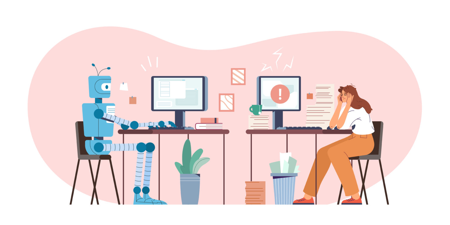 Robot vs human flat vector illustration. Robotic machine and tired woman working at computer in the office. Humanoid versus person. Artificial intelligence challenging employee. Modern ai technology.