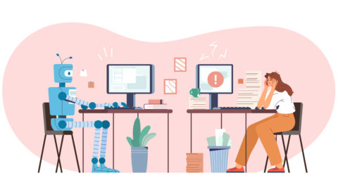 Robot vs human flat vector illustration. Robotic machine and tired woman working at computer in the office. Humanoid versus person. Artificial intelligence challenging employee. Modern ai technology.