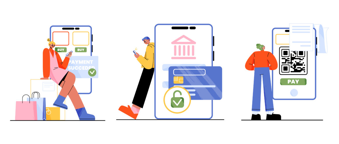 Online bill, payment via mobile phone concept. People use smartphone for shopping or bank financial transactions. E-wallets, digital modern pay technology and retail, Linear flat vector illustration