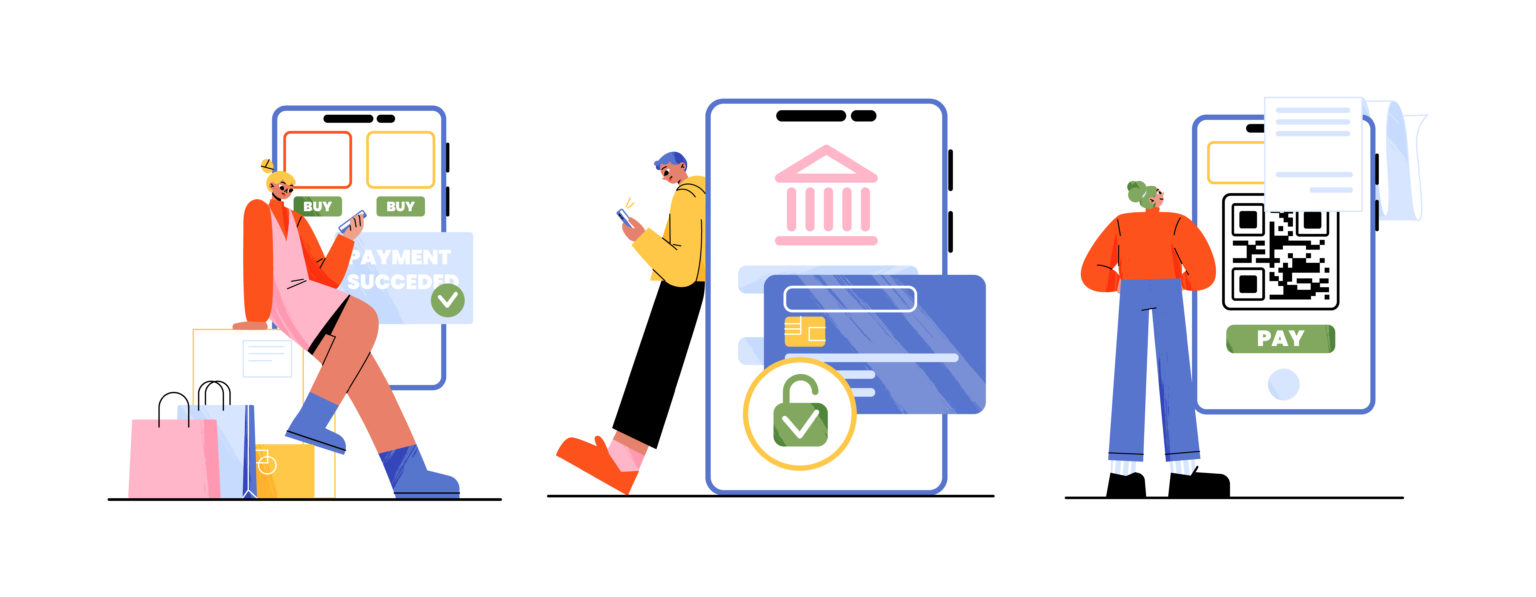 Online bill, payment via mobile phone concept. People use smartphone for shopping or bank financial transactions. E-wallets, digital modern pay technology and retail, Linear flat vector illustration