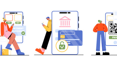 Online bill, payment via mobile phone concept. People use smartphone for shopping or bank financial transactions. E-wallets, digital modern pay technology and retail, Linear flat vector illustration