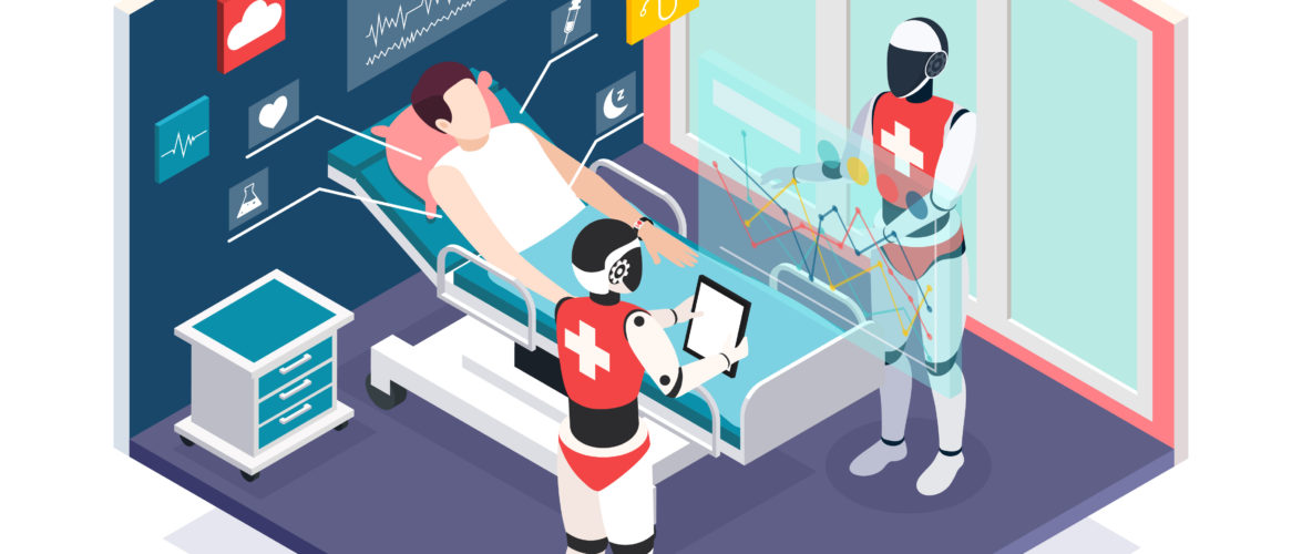 Modern medical technologies in health care isometric composition with two nanorobots preparing patient for surgery vector illustration
