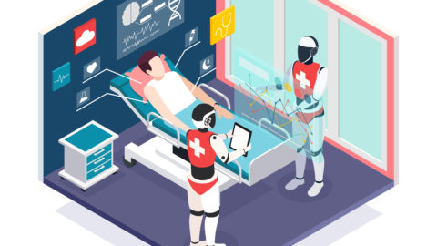 Modern medical technologies in health care isometric composition with two nanorobots preparing patient for surgery vector illustration