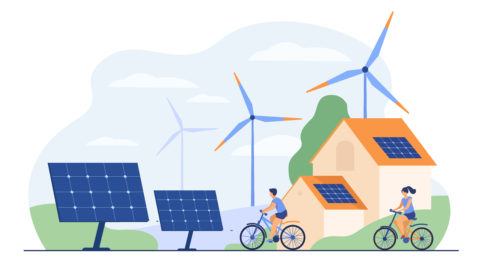 Active people on bikes, windmills and house with solar panel on rooftop flat vector illustration. Cartoon characters living healthy lifestyle. Renewable energy and smart technology concept
