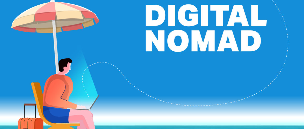 Digital nomad. Vector illustration.Freelance work, Cartoon vector illustration in flat design. Travel and work, remote job, freelancers lifestyle, working abroad with laptop.