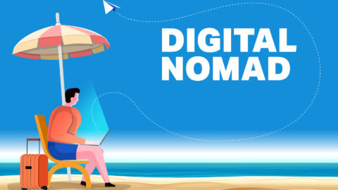 Digital nomad. Vector illustration.Freelance work, Cartoon vector illustration in flat design. Travel and work, remote job, freelancers lifestyle, working abroad with laptop.