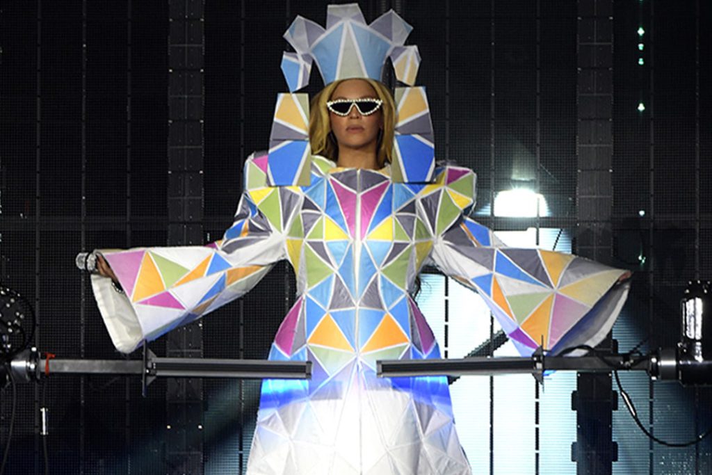 Photo of Beyoncé wearing an Anrealage outfit during a recent tour performance in Stockholm, Sweden on May 10, 2023.