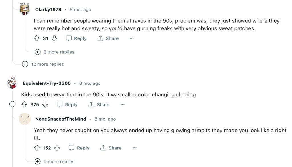 Screenshot of Redditors commenting on the limitations of color-changing clothes that respond to solar or heat.