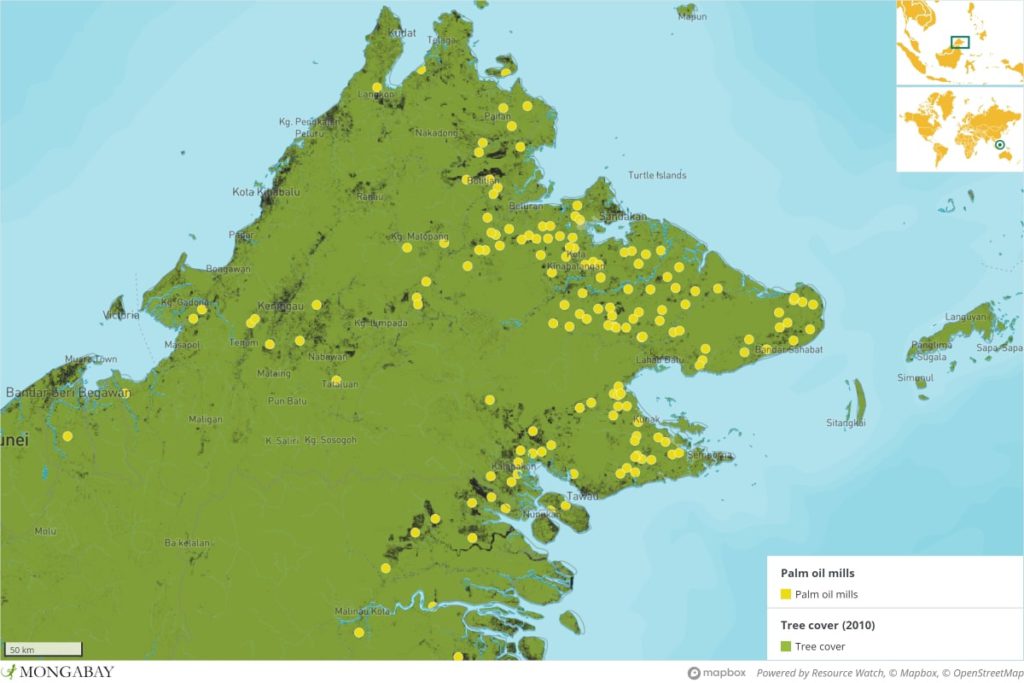 Map of Sabah state’s palm oil mills.