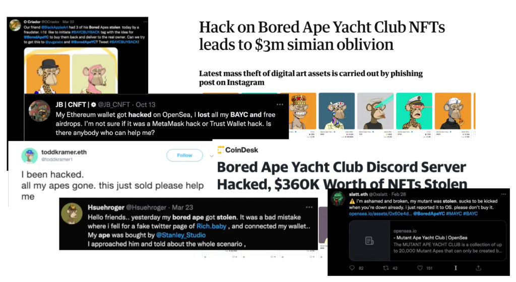A collage of tweets about the theft of Bored Ape Yacht Club NFTs.