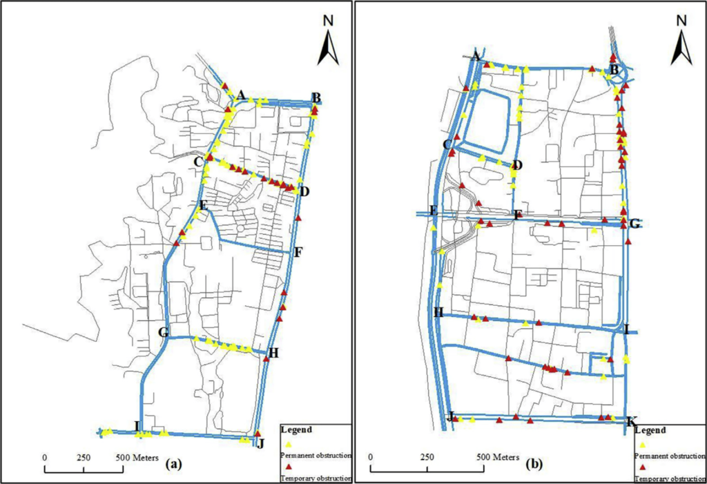 Diagram of obstructions documented on the tactile paving networks in the Erliban and Wuyi Square districts in Changsha, China.
