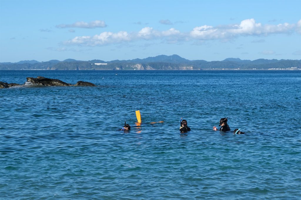 Photo of Nina Yasuda and her student research team diving to study Tateyama’s growing coral communities.