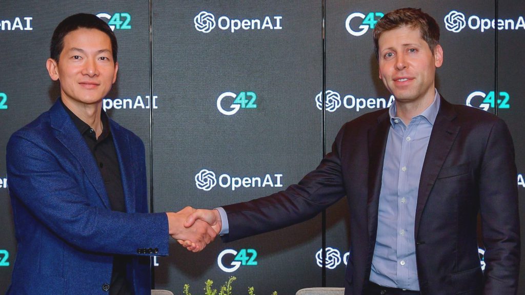 Photo of Peng Xiao (left), group CEO of G42, and Sam Altman, CEO of OpenAI.