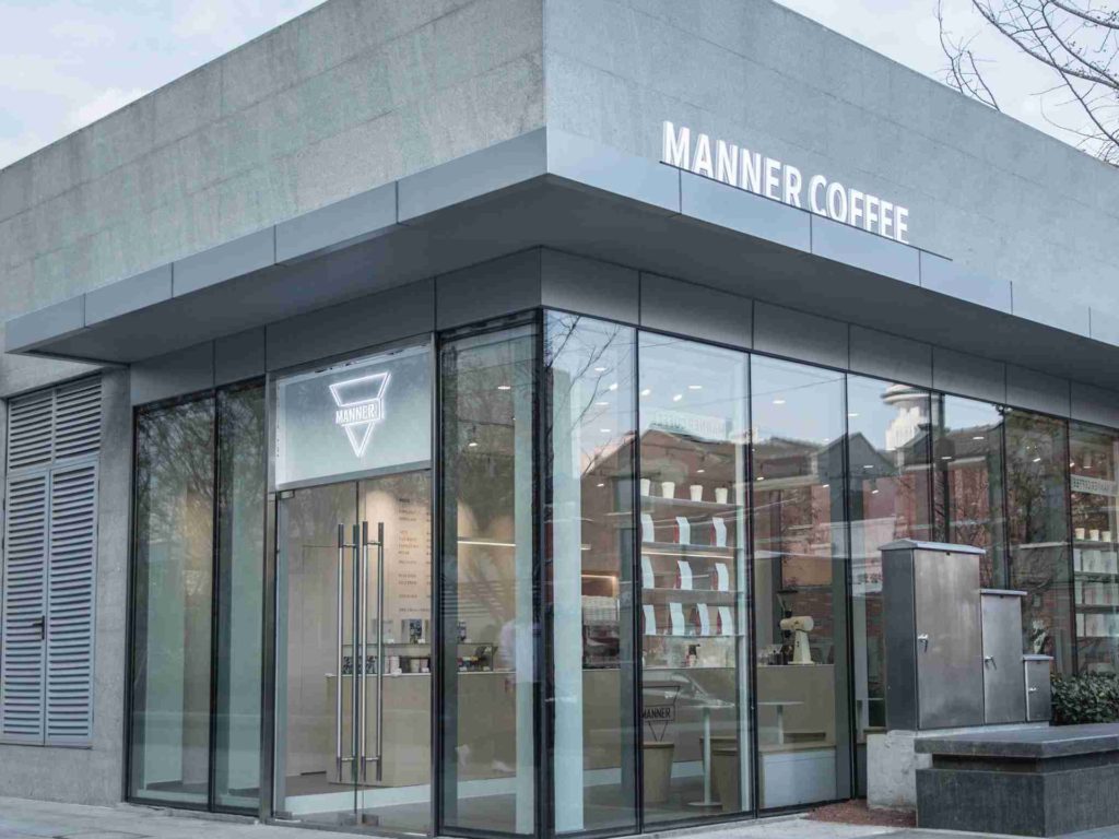 Photo of the exterior of Manner Coffee’s store at the Bohua Plaza in Shanghai, China.
