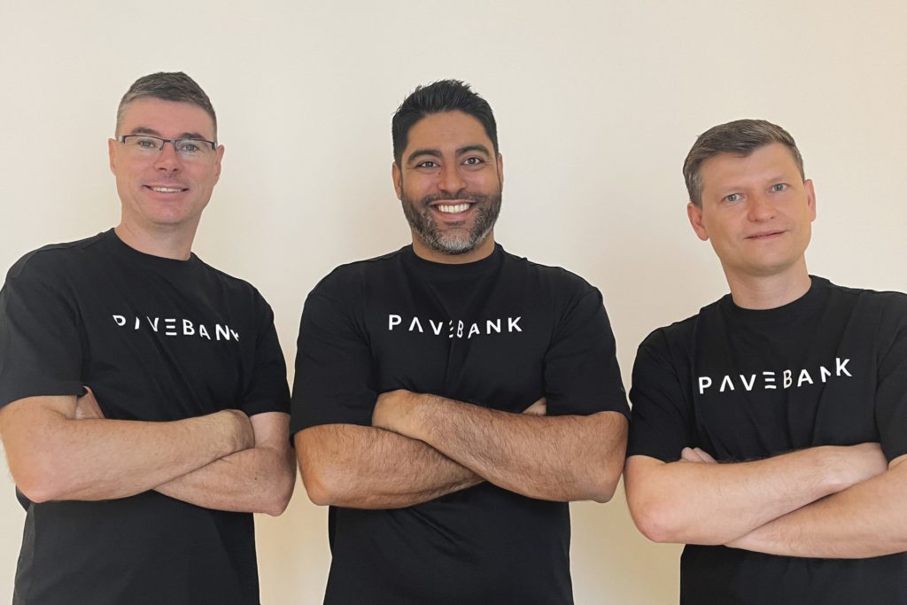 Photo of Pave Bank’s co-founders. From left to right: Simon Vans Colina (CTO), Salim Dhanani (CEO), and Dmitry Bocharov (COO).