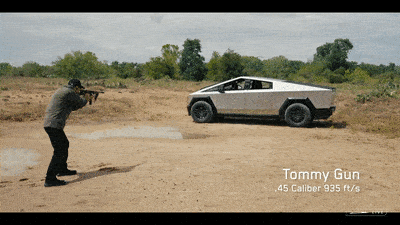 GIF of video demonstrating the bulletproof exterior of Tesla’s Cybertruck.