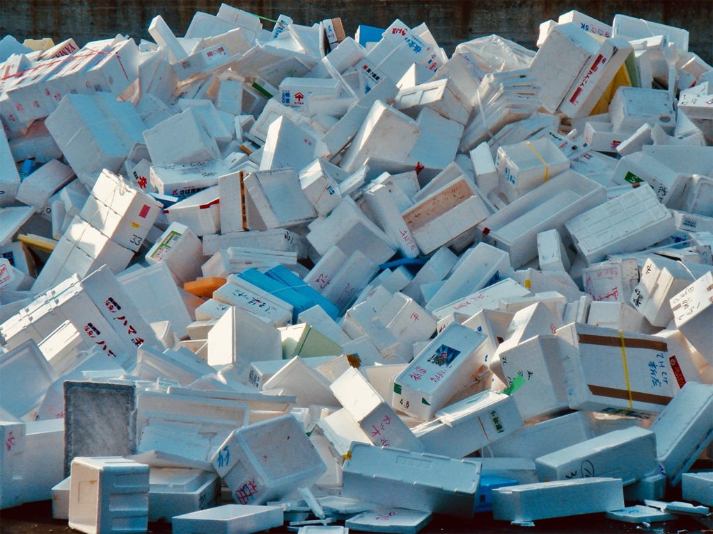 Photo of polystyrene waste piled up outside a fish market in Tokyo.