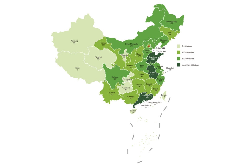 Map illustrating Auntea Jennyâ€™s store network in China.