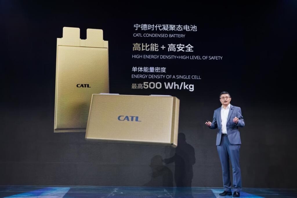 Photo of Wu Kai, chief scientist at CATL, introducing the company’s condensed solid-state battery during a launch event held on April 19, 2023.