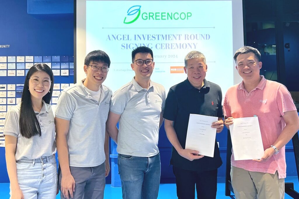 From left to right: Sng Yee Ching, Low Wang Chang, Hanson Lee, Teo Teng Seng, and Desmond Chong. Sng, Low, and Lee are co-founders of Green COP, while Teo and Chong (representing Ken Energy) are the startup’s angel investors.